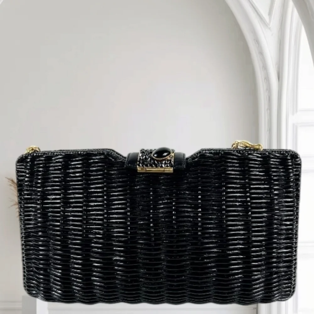 RODO Women's Evening Events Black Chain Crossbody Clutch Vintage Rattan Bag